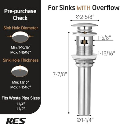 KES Bathroom Vessel Vanity Sink Pop Up Drain Stopper with Overflow | Brushed Nickel, for 1.6"-1.9" Sink Hole, All Metal Rustproof Brass and 304 Stainless Steel, Brushed Nickel, S2008A-BN - color: Brushed Nickel, style: With Overflow, 1 Pack