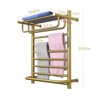 Gold Wall Mounted Heated Towel Rack, Gold Towel Warmer Rack for Bathroom, Timer & Temperature Control Electric Towel Drying Rack with Top Shelf (14 Bars with Top Shelf Brushed Gold A, Hardwired) - color: 14 Bars With Top Shelf Brushed Gold a, size: Hardwi