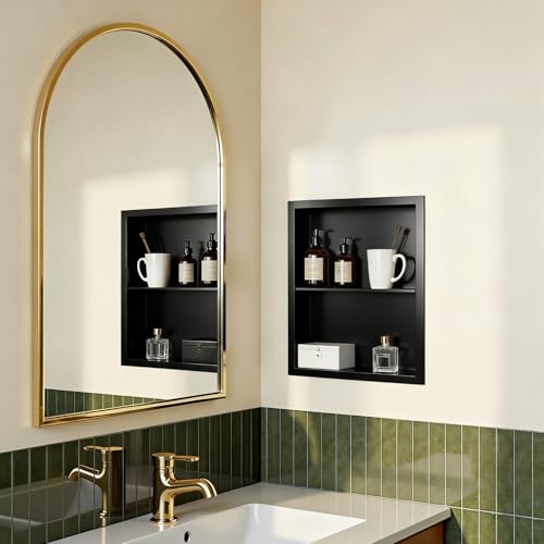 Stainless Steel Recessed Medicine Cabinet Bathroom Medicine Wall Niche Shower Niche Space-Saving Recessed Storage Cabinet Adjustable Shelf Matte Finish (Black, 18" H x 14" W) - color: Black, size: 18"H x 14"W