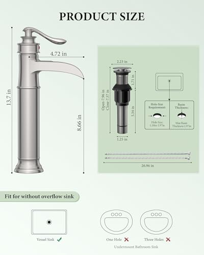Vessel Sink Faucet Tall Bathroom Faucets Waterfall Brushed Nickel Brass | Single Handle 1 Hole with Pop Up Drain and Supply Line Farmhouse Lavatory Vanity by Homevacious - color: Brushed Nickel