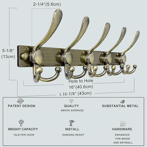 Coat Rack Wall Mount, Heavy Duty 12-Gauge Base vs Flimsy 1mm, Double-Thick Solid Anti-Snap Hooks, 16” Stud-Mount, Stainless Steel Hanger for Clothes Hat Entryway Closet Mudroom, Bronze - color: Bronze, size: L=17" (1pcs)