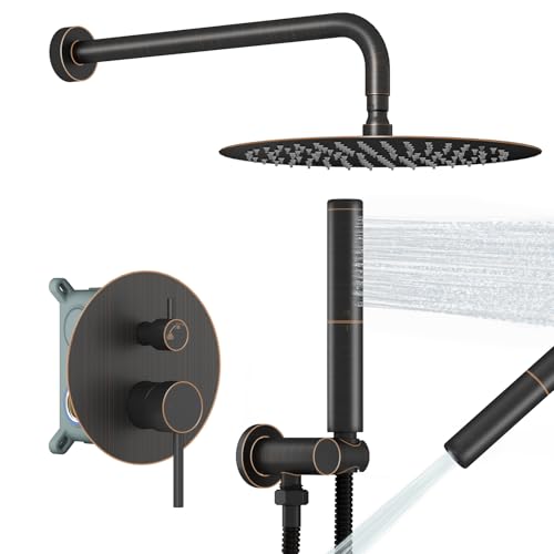 BESy Shower System with 10 Inch Round Rain Shower Head and Handheld Wall Mounted, High Pressure Rainfall Shower Faucet Fixture Combo Set with 2 in 1 Handheld Showerhead for Bathroom, Bronze - color: Bronze
