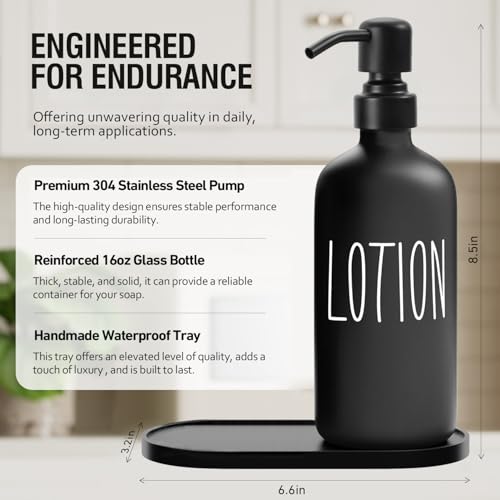 MOMEEMO Glass Soap Dispenser with Stainless Steel Pump, Contains Lotion Dispenser, Hand Soap Dispenser & Tray. (Black & White) | Contains Lotion Dispenser, Hand Soap Dispenser & Tray - color: S&l Black White With Tray