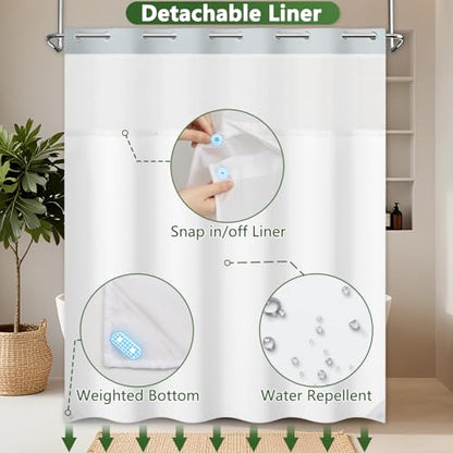 No Hook Shower Curtain with Snap in Liner, Misty Forest Easy Hang Double-layer Waterproof Fabric Shower Curtain with Sheer Top Window, 71x74 Inches Summer Bathroom Shower Curtain Sets and Weighted Hem - color: Misty Forest
