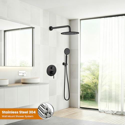 gotonovo High Pressure Shower System Valve and Trim Kit,Matte Black | Round Rain 10 Inch Shower Head with Handheld Faucet Set Complete,Rough In Valve,2-in-1 Diverter,All Metal,Bathroom Wall Mount - color: Black