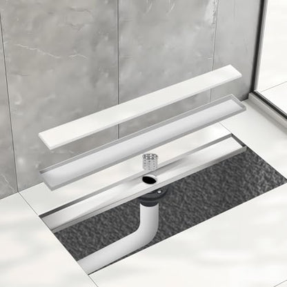 24 Inch Tile Insert Linear Shower Drain with Leveling Feet and Rubber Gasket 2" Outlet Plastic ABS Flange and Hair Strainer - Removable Brushed SS304 Grate - Fit 2" or 3" Pipe