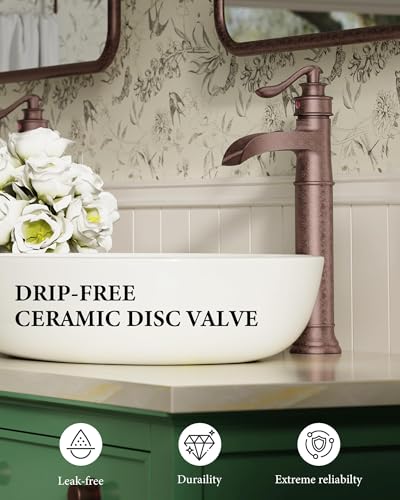 Vessel Sink Faucet Copper Tall Bathroom Faucets Waterfall Single Handle | 1 Hole Farmhouse Antique with Pop up Drain Assembly and Supply Lines Mixer Tap Without Overflow Counter Top by Homevacious - color: Copper