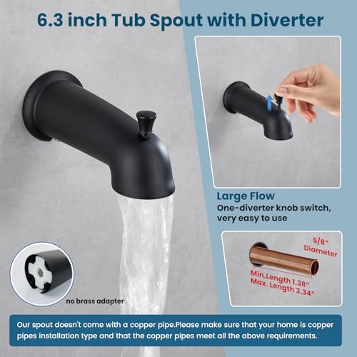 gotonovo Tub Shower Faucet Set with Valve 6 Mode Handheld Matte Black | Bathtub Faucet Set,6 Mode ABS Handheld Spray,6.3’’ Metal Tub Spout,Brass Valve Trim Kit,Shower Head and Handle Kit,Wall Mount - color: Matte Black