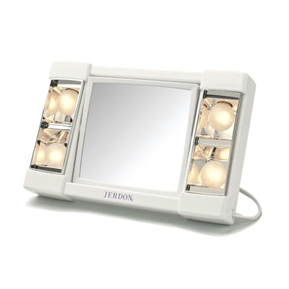 JERDON Lighted Makeup Mirror with 3X Magnification - White - J1010 | Two-Sided 6" x 6" Square Frame, Glare-Free Lighting
