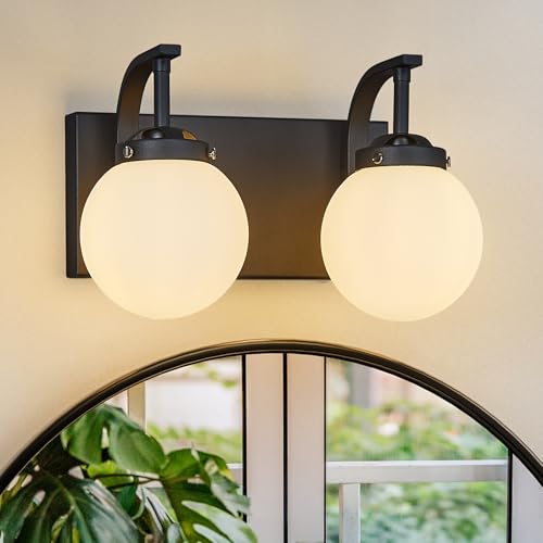 2 Lights Bathroom Vanity Light Fixtures Modern Sand Black Vanity Light with Milk White Glass Globe Shade Bathroom Lighting Over Mirror Wall Sconce for Bedroom Living Room Hallway - color: Sand Black, size: M Size Shade-2 Lights