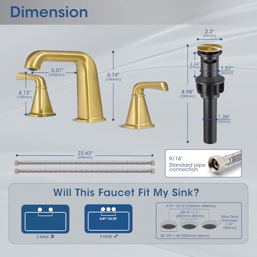 Gold Bathroom Faucet,Bathroom Sink Faucet,Brushed Gold Bathroom Faucet 3 Hole, with Pop Up Drain and CUPC Supply Lines for Vanity,Lavatory RV Farmhouse (HG-8904-BG) - color: B-Brushed Gold