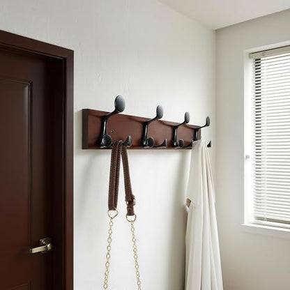 WEBI Coat Rack Wall Mount,24" Solid Wood Coat Hooks Wall Mounted Coat Hanger,16" Hole to Hole,Heavy Duty Hook Rack Rail,4 Triple Hooks for Hanging Coats,Jacket,Clothes,Hat,Backpack,Cherry - color: Cherry, size: 24 Inch