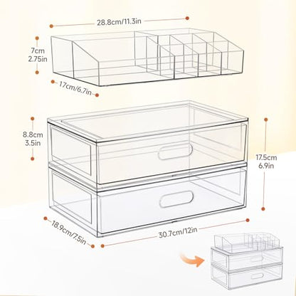 Clear Stackable Makeup Organizer with Drawer, 12''W Acrylic Storage Drawers | Cosmetic Display Case for Vanity Bathroom Countertop Drawers, Beauty Holder for Lipstick Brush Skincare Perfume - size: 4 Pack