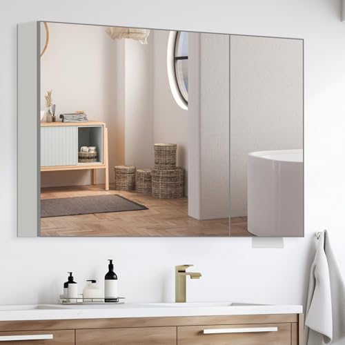 36 x 24 Silver Medicine Cabinet, Aluminum Mirror Medicine Cabinet for Bathroom, Pre-Assembled Recessed/Surface-Mounted Medicine Cabinet, Tempered Frameless Mirror - color: Silver, size: 36 x 24