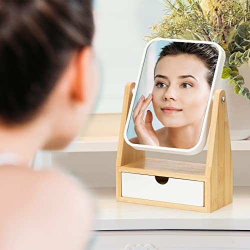 YEAKE Vanity Double Sided Magnifying Makeup Mirror with Storage, Adjustable Natural Bamboo Stand, Portable Desk/Table Mirror, Rectangular - size: 10.2"L x 6.5"W