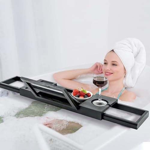 Utoplike Bamboo Bathtub Tray Black, Adjustable Bath Caddy Table for Tub | Bathroom Organizer with Book Tablet, Wine Glass Cup, Towel Holder - color: 19.8-33.5 in Black