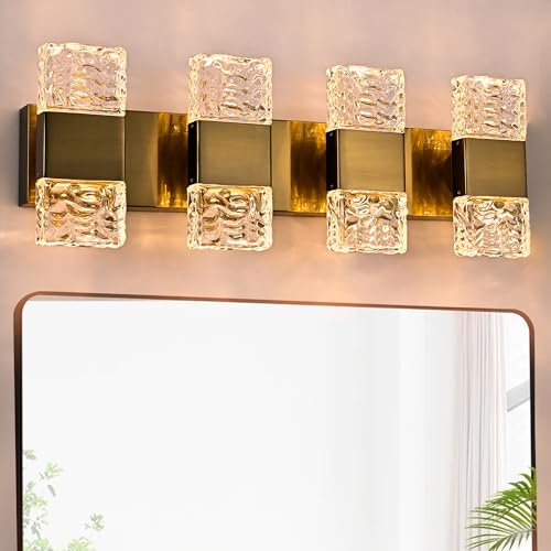 MELUCEE 4 Lights Bathroom Vanity Light Fixtures 3000K Warm Lighting | 23.6 in Modern LED Vanity Lighting Fixture Brass Crystal Vanity Light Bar 32W LED Wall Mounted Lamp Above Mirror Sink - color: Brass, size: 4 Lights