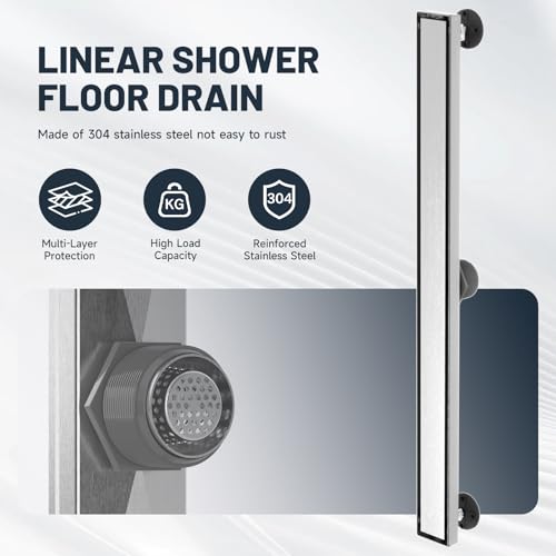 Linear Shower Drain 32 Inch Shower Trench Drain with Tile Insert Grate | Evolvegoods 304 Stainless Steel Bathroom Floor Drain,Rectangular Shower Drain with Leveling Feet,Hair Strainer,Brushed Nickel - size: 32 Inches