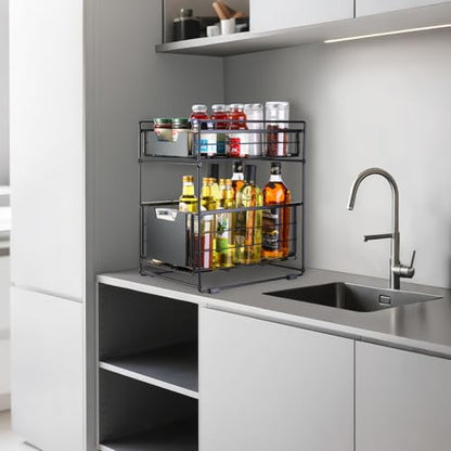 2 Tier Under Sink Organizer,Slide Out Kitchen Cabinet Organizer,Pull Out Pantry Storage with 2 baskets, Office Supplies,Kitchen,Bathroom Organizer with Sliding Drawer,Large Capacity,Multi-Use