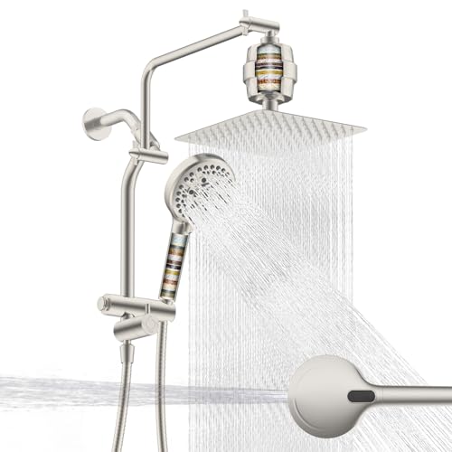 Metal 10" Filtered Rainfall Showerhead Combo, Easy Reach, Brushed Nickel | 4-Way Diverter with Pause Mode, High Pressure Shower Head with 10-Spray Handheld, 71" Hose/12" Extension Arm/Holder - color: Brushed Nickel, style: Square 10" with filter