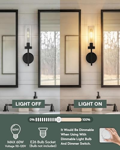 Set of 2 Matte Black Bathroom Wall Sconces with Square Clear Glass | Modern bathroom vanity light fixtures, upward-only mount, E26 base, hardwired, bulbs not included, 2-pack, VL262-MB-2PK - color: Black-Square Clear Glass, 2-Pack