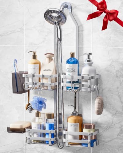 Aluminum Shower Caddy Hanging,Shower Caddy, Never Rust Shower Organizer | 4 Levels with adjustable Height 10 Hooks for Razor/Sponge - Rack with Soap Basket (Silver) - color: Silver