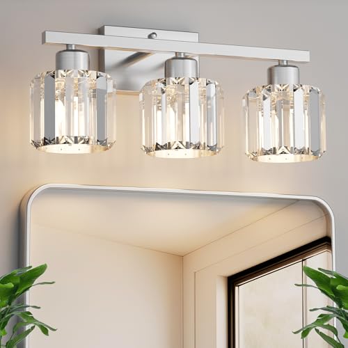 comzler 3-Light Bathroom Light Fixtures Over Mirror, Brushed Nickel Crystal Wall Sconce with E26 Base for Mirror Kitchen Living Room Bathroom, Round Crystal Shades (Bulbs Excluded) - size: Round