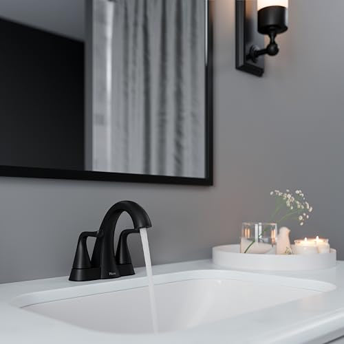 Pfister Willa Matte Black 3-Hole Centerset Bathroom Faucet LF048MALSDB | 2-handle design, Push & Seal drain included, TiteSeal no-putty mount, Spot Defense finish, NSF lead-free - color: Spot Defense Matte Black, size: 1 Pack