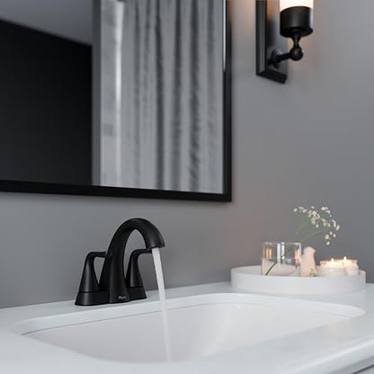 Pfister Willa Matte Black 3-Hole Centerset Bathroom Faucet LF048MALSDB | 2-handle design, Push & Seal drain included, TiteSeal no-putty mount, Spot Defense finish, NSF lead-free - color: Spot Defense Matte Black, size: 1 Pack