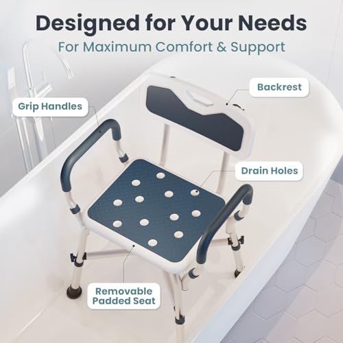 PELEGON Shower Chair for Elderly and Disabled (450lb) with Padded Armrests and Back, Adjustable Height Shower Seat, Heavy Duty Shower Chairs for Inside Shower, Handicap - Blue - color: Dark Blue