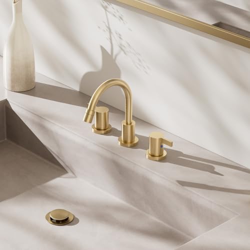 Pull Down Sprayer Brushed Gold 8 Inch Bathroom Sink Faucet, 2 Handles 3 Hole Widespread Pull Out Bathroom Faucet，with Pop Up Drain and Water Supply Line,BF04022-K01-BG - color: Brushed Gold