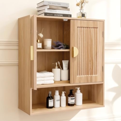 Mazatzal Bathroom Wall Cabinet, Wooden Medicine Cabinet with Adjustable Shelf & Grille Design Doors, Over the Toilet Storage Cabinet for Bathroom, Laundry, Kitchen, Living Room