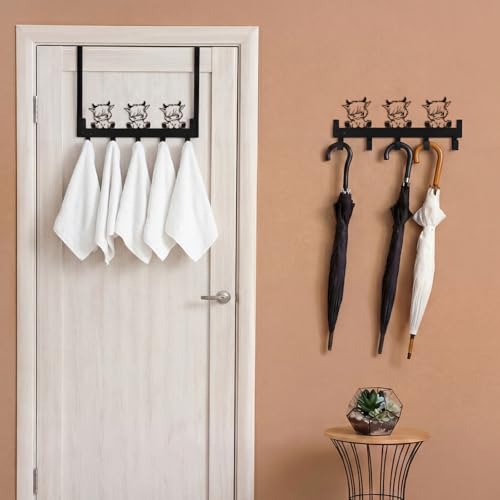 Kathfly Rustic Highland Cow Over the Door Hooks Towel Hooks Heavy Duty Hanging Towel Rack Over Door Hanger, 5 Coat Hanger for Bedroom Bathroom Kitchen - color: Black, style: Rustic Highland Cow