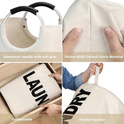 Maxsilan 125L X-Large Laundry Basket Bag, Collapsible Tall Hamper, Beige | Freestanding tall laundry bag & foldable washing basket. Extra large clothes storage bin with durable sturdy handles - color: Beige, size: 125L