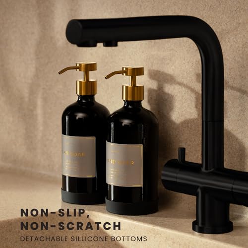 Hand and Dish Soap Dispenser for Kitchen and Bathroom, Set of 2 16 Oz Glass Bottles, Stainless Steel Pumps, Non-Slip Silicone Base, 27 Waterproof Labels (Gloss Black Bottle/Brushed Gold Pump) - color: Gloss Black Bottle / Brushed Gold Pump