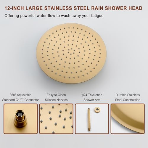 MONDAWE 12 Inch Ceiling Mounted Brushed Gold Shower System, 3-Functions Shower Faucet Set with Rainfall Dual Shower Head and High Pressure Handheld Spray, All Function Can be Used At the Same Time - color: Brushed Gold