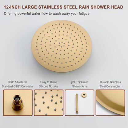 MONDAWE 12 Inch Ceiling Mounted Brushed Gold Shower System, 3-Functions Shower Faucet Set with Rainfall Dual Shower Head and High Pressure Handheld Spray, All Function Can be Used At the Same Time - color: Brushed Gold