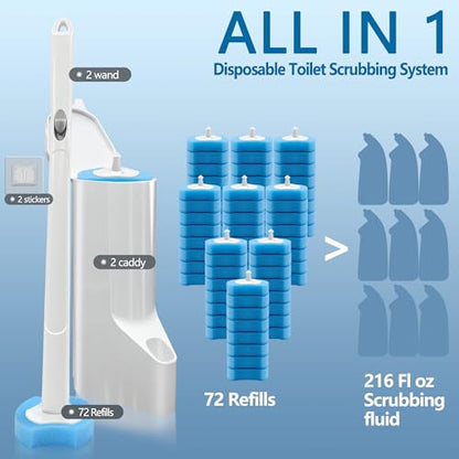2 Pack Disposable Toilet Bowl Cleaner Wand and Holder Kit with 72 Refills | Toilet Cleaning System-2*16.81" ABS Handle Holder, 72 Replacement Heads for House, Apartment, RV Bathroom Cleaning - color: 2 Pack White Toilet Brush Set