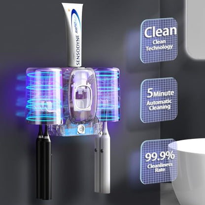 Toothbrush Holders for Bathrooms, Wekity Automatic Toothpaste Dispenser Space Saving Toothbrush and Toothpaste Holder，Toothbrush Holder Wall Mounted with 2 Cups for Bathroom (Grey)…