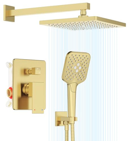 Gabrylly Shower System Gold, Wall Mounted Shower Faucet Set for Bathroom with High Pressure 10" Rain Shower head and 3-Setting Handheld Shower Head Set, 2 Way Shower Valve Kit, Brushed Gold - color: brushed gold 02