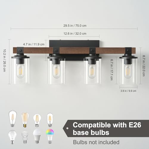 Bathroom Vanity Light Fixtures 4 lights Wooden Farmhouse Vanity Lights | Rustic Bathroom Lights over Mirror with Clear Glass Shade Black Industrial Wall Sconce for Bathroom Bedroom Hallway - color: Antique Wood 4Light