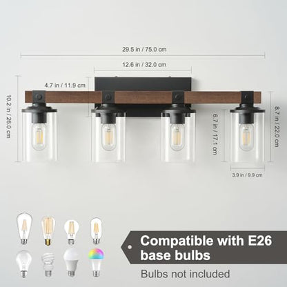 Bathroom Vanity Light Fixtures 4 lights Wooden Farmhouse Vanity Lights | Rustic Bathroom Lights over Mirror with Clear Glass Shade Black Industrial Wall Sconce for Bathroom Bedroom Hallway - color: Antique Wood 4Light