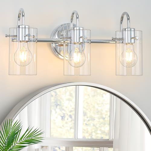 3 Lights Vanity Light, Bathroom Wall Light Fixture Over Mirror | Modern Metal Wall Sconce with Clear Glass Shade, Farmhouse Wall Mount Lamp for Washroom, Bathroom Living Room, Workshop - color: Polished Chrome
