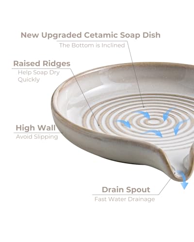 Zoeeker Soap Dish with Drainage, Ceramic Self Draining Bar Soap Holder | Bar Soap Saver with Waterfall Design Round Soap Tray for Shower Bathroom Kitchen Sink Bathtub, Keep Bar Soap Dry, Beige White - color: Beige White, size: Round