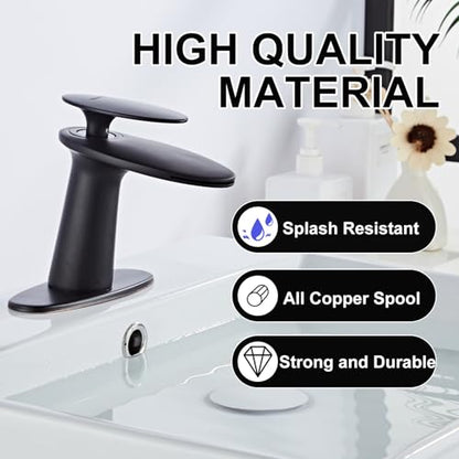 Matte Black Waterfall Bathroom Sink Faucet and Pop Up Drain Assembly - color: Matte Black, size: Short Body