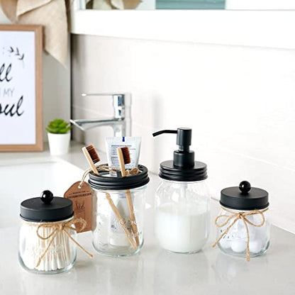 Amolliar Mason Jar Bathroom Accessories Set, 4Pcs Glass Bathroom Set, Black | Lotion Soap Dispenser, 2 Cotton Swab Holders, Toothbrush Holder, Farmhouse Rustic Bathroom Decor, Perfect Decorating Idea - size: Black, style: Standard-mouth