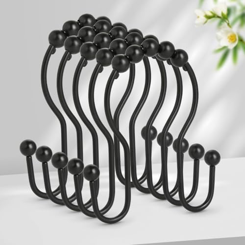 Resze 12PCS Shower Curtain Hooks, Sturdy Metal Shower Curtain Rings(Black) | Glide Roller Double Shower Hooks, Rust Proof Anti-Drop Curtain Hooks, Smooth Sliding Rings for Bathroom Shower Rods Curtains - color: Black