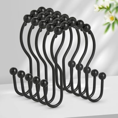 Resze 12PCS Shower Curtain Hooks, Sturdy Metal Shower Curtain Rings(Black) | Glide Roller Double Shower Hooks, Rust Proof Anti-Drop Curtain Hooks, Smooth Sliding Rings for Bathroom Shower Rods Curtains - color: Black