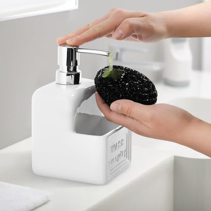 RQYIXI 2-in-1 Ceramic Dish Soap Dispenser with Sponge Holder, White, 15 Oz | caddy kitchen sink organizer embossed design mesh scrubber refillable pump countertop lotion bathroom vanity - color: Rectangle White