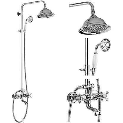 gotonovo Exposed Shower System with Spout,Polished Chrome,No Shower Shelf | Brass Shower Faucet Set,8’’ Rain Head with Handheld Spray,Swivel Tub Spout,2 Cross Handle,6’’ Hole Distance,Adjustable Height - color: Chrome